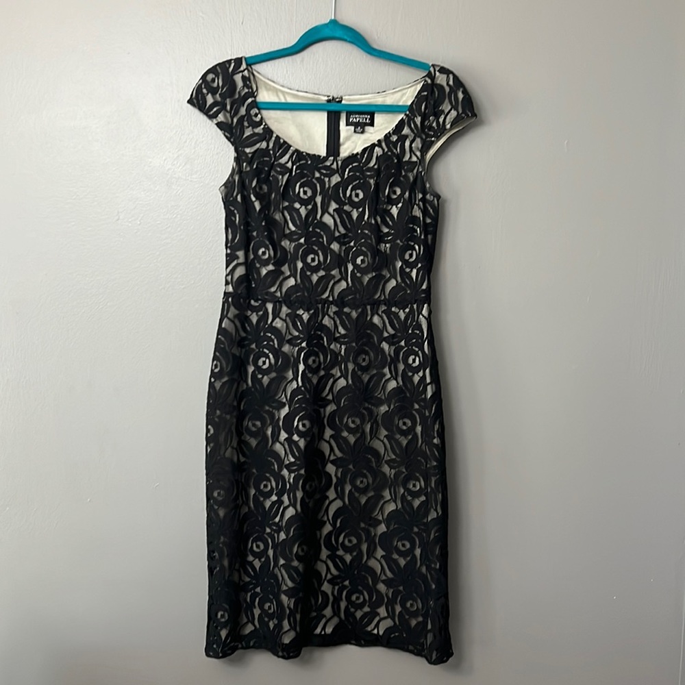 Adrianna Papell Black Lace Overlay Knee Length Dress 8
